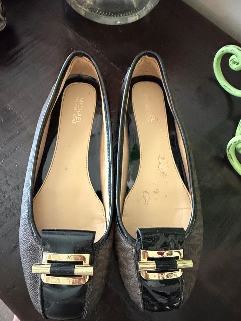 Michael Kors Brown and Black Leather Ballet Flats with Gold Hardware